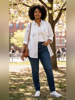 heyday White Button-Down Shirt with Blue Sketch Whimsical Embroidery